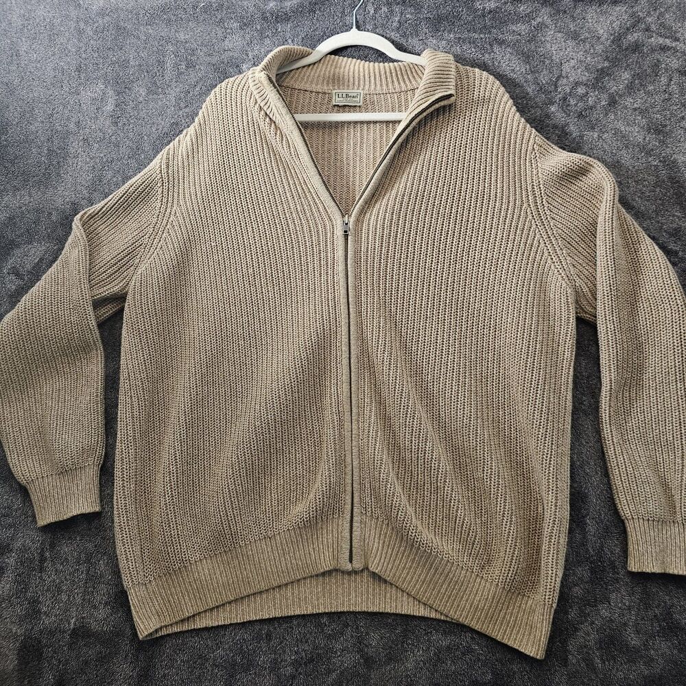 LL Bean Sweater Mens XL Brown Ribbed Full Zip Mock Neck Long Sleeve Cotton